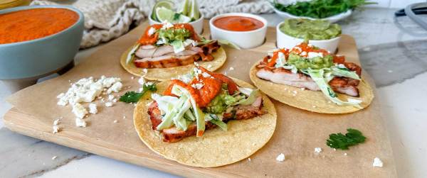 Street Style Chicken Tacos with Smoky Red Chile Sauce