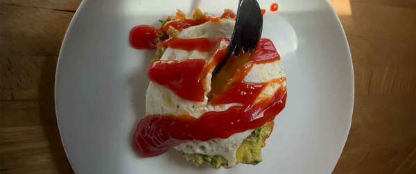 Loaded Hash Browns with Guac, Eggs and Sriracha